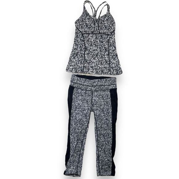 Athleta XS/S Floral Print Crop Leggings & Tank Top Set Yoga Gym Black Outfit - Picture 1 of 5